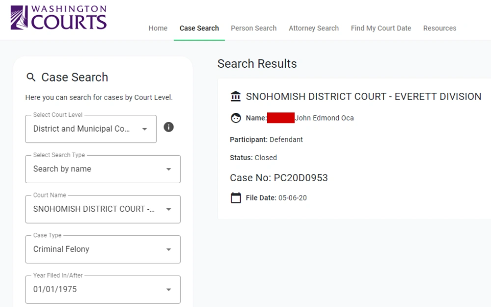 A screenshot displaying a search tool result that can be used to find cases of the Washington state court system by filtering the court levels -- which are district and municipal, superior, and appellate courts -- by name, business name or case number, and case type from the Washington Courts website.