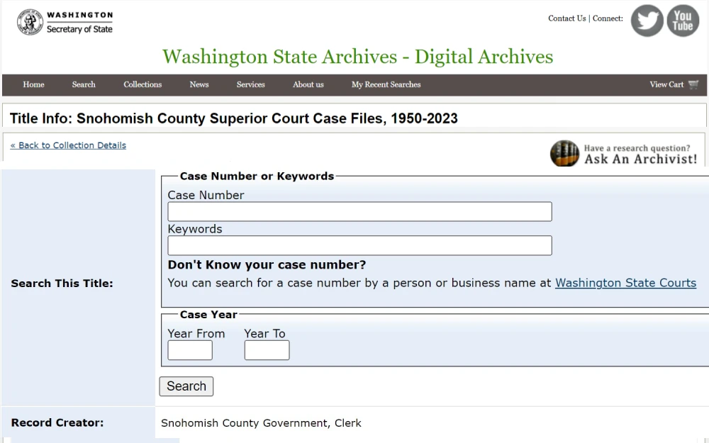 A screenshot showing a search tool can be used to find Snohomish County Superior Court files from 1950-2023 by filtering the case number, keywords and year with the following information: record creator, description, related records, access restriction notes, sources of transfer, agency history, preferred citation and record court from the Washington State Archives.