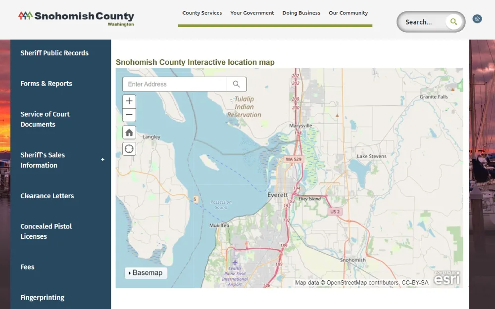 A screenshot showing a map to determine which Police/Law Enforcement Agency's jurisdiction the address is in that can be applied to firearm transfer and concealed pistol license applications, court order service and entry and non-emergency police business from the Snohomish County Washington website.