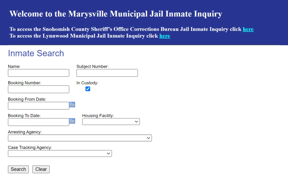 A screenshot displaying a search tool can be used to find inmate information by filtering the name, subject number, booking number, booking dates, housing facility, arresting agency and case tracking agency from the Marysville Municipal Jail website.