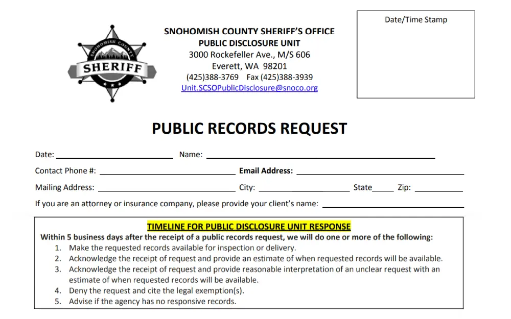 A screenshot of a record request form that requires filling out some information such as date, name, contact phone number, email address, mailing address, city, state and zip code from the Snohomish County Sheriff’s Office website.