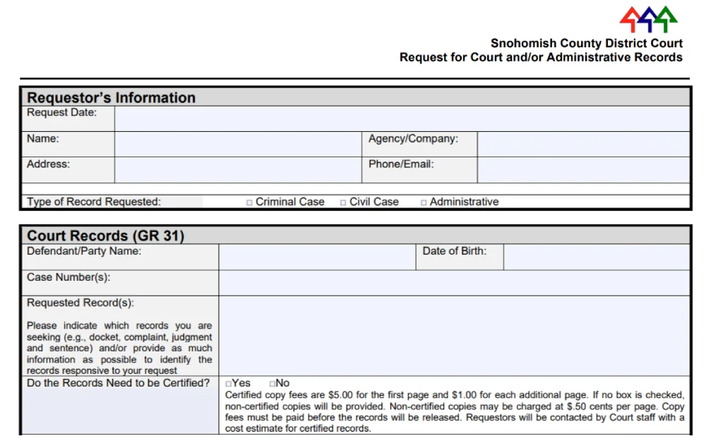 A screenshot of a request for court and administrative records form that requires filling out some information regarding the requestor, such as request date, name, address, agency/company, phone, email and the type of record requested and other court records information from the Snohomish County District Office website.