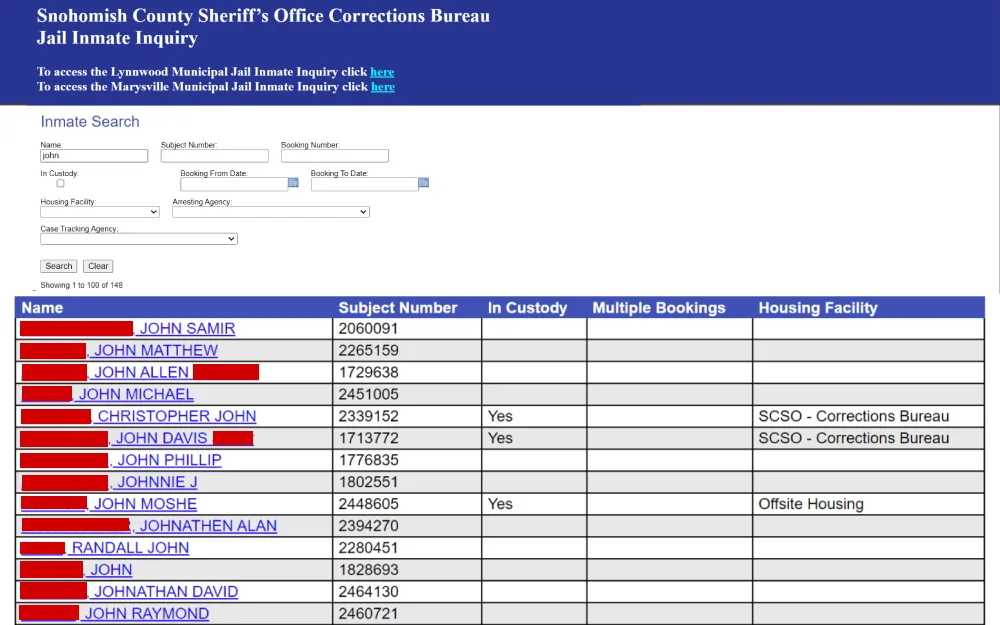 A screenshot displaying a Snohomish County inmate search result showing information such as name, subject number, booking number, booking dates, housing facility, arresting agency and case tracking agency from the Snohomish County Sheriff's Office website.