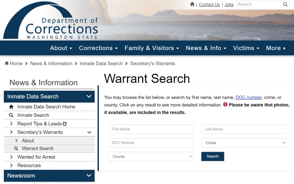 A screenshot displaying a search tool that can be used to find warrant detailed information by searching the first name, last name, DOC number, crime or county from the Washington Department of Corrections website.