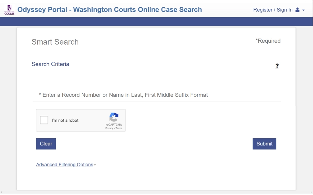 A screenshot showing a search tool that can be used to find Washington court online cases by searching or entering the record number, first name, last name and suffix format from the Odyssey Portal Washington Courts Online Case Search website.