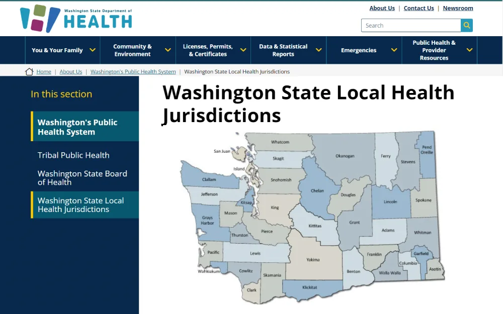 A screenshot showing a list and map of Washington State local health jurisdictions that will provide contact information, addresses, and website links from the Washington State Department of Health website.