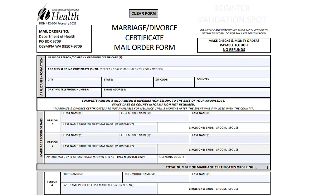 A screenshot displaying a marriage/divorce certificate mail order form requiring details such as name of person/company ordering certificate, address sending certificate, city, state, zip code, country, daytime telephone number and email address.