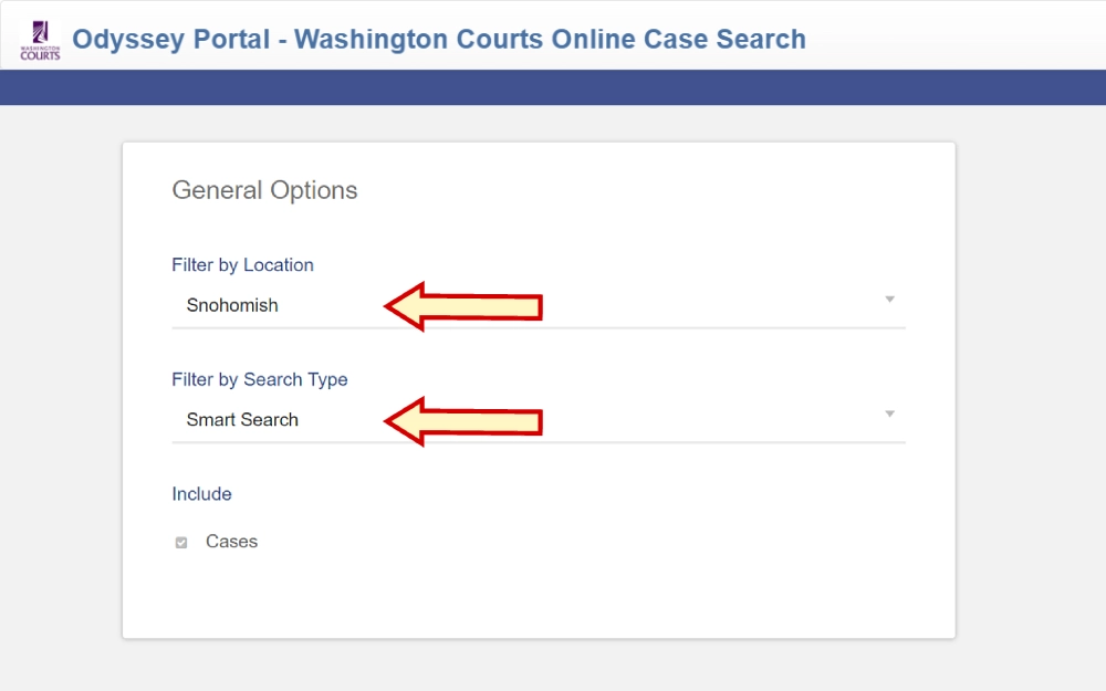 A screenshot displaying an odyssey portal Washington courts online case search showing filter options such as filter by location and search type from the Washington Courts website.